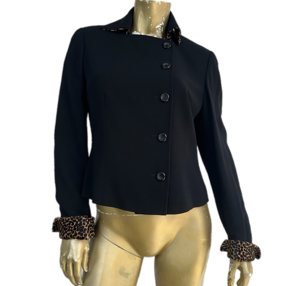VINTAGE CARLISLE BLACK WOOL & LEOPARD LEATHER Trim Jacket size 8, Hong Kong